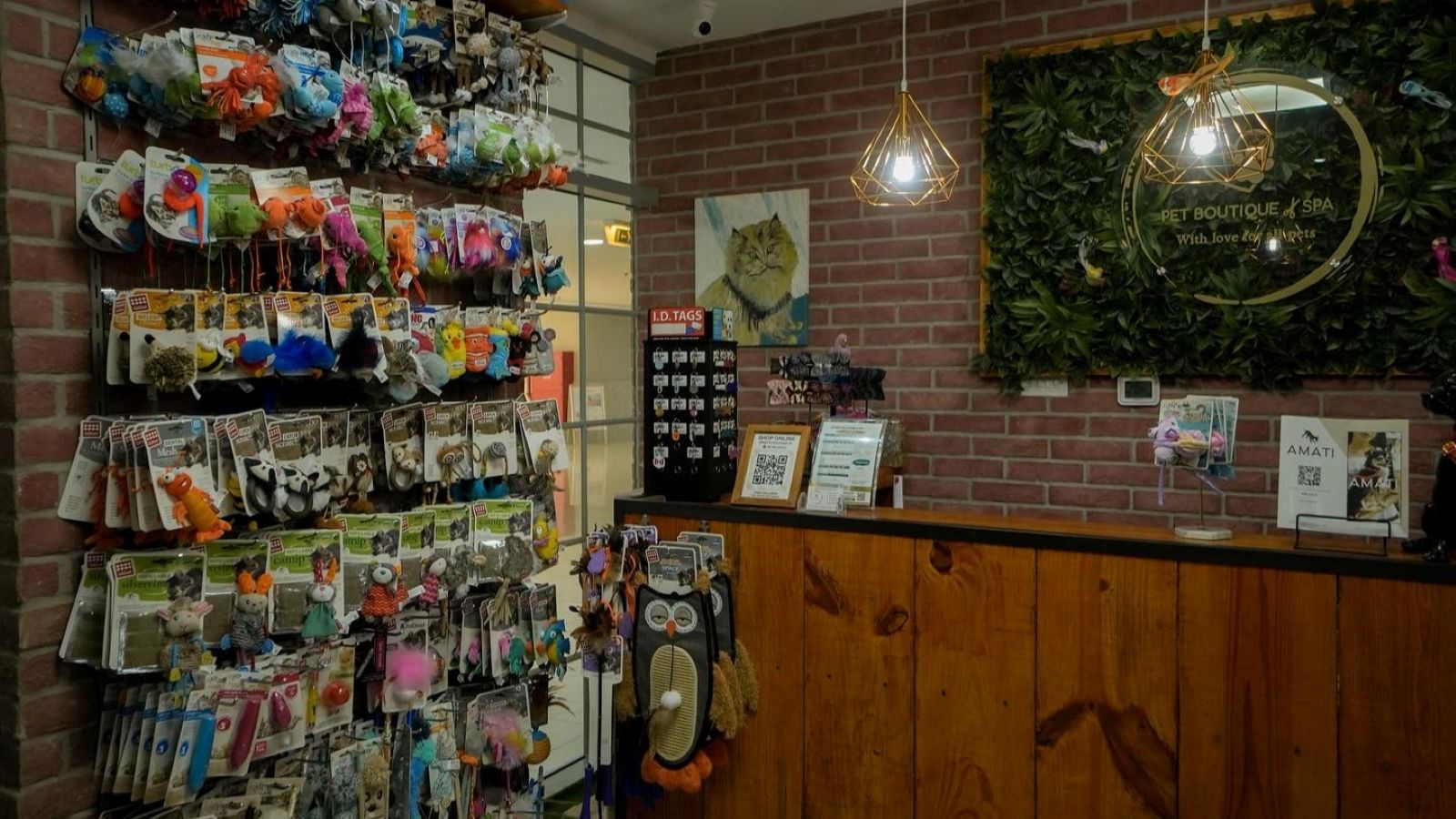 The front desk at Pet Boutique Daycare & Spa with a wall of pet accessories near the desk.