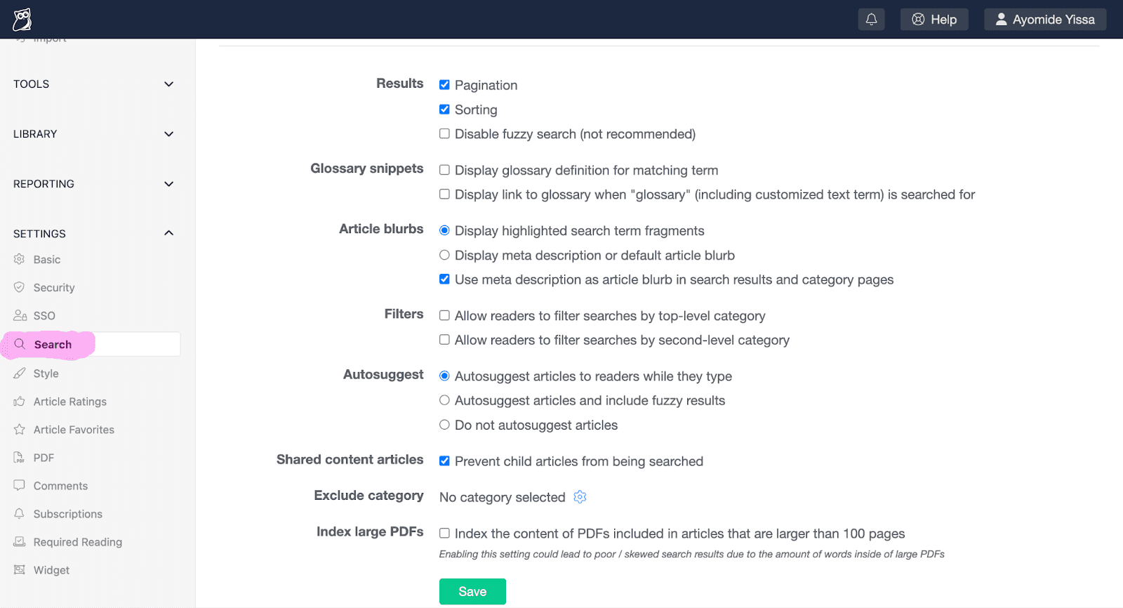 A screenshot of KnowledgeOwl's Search settings page.