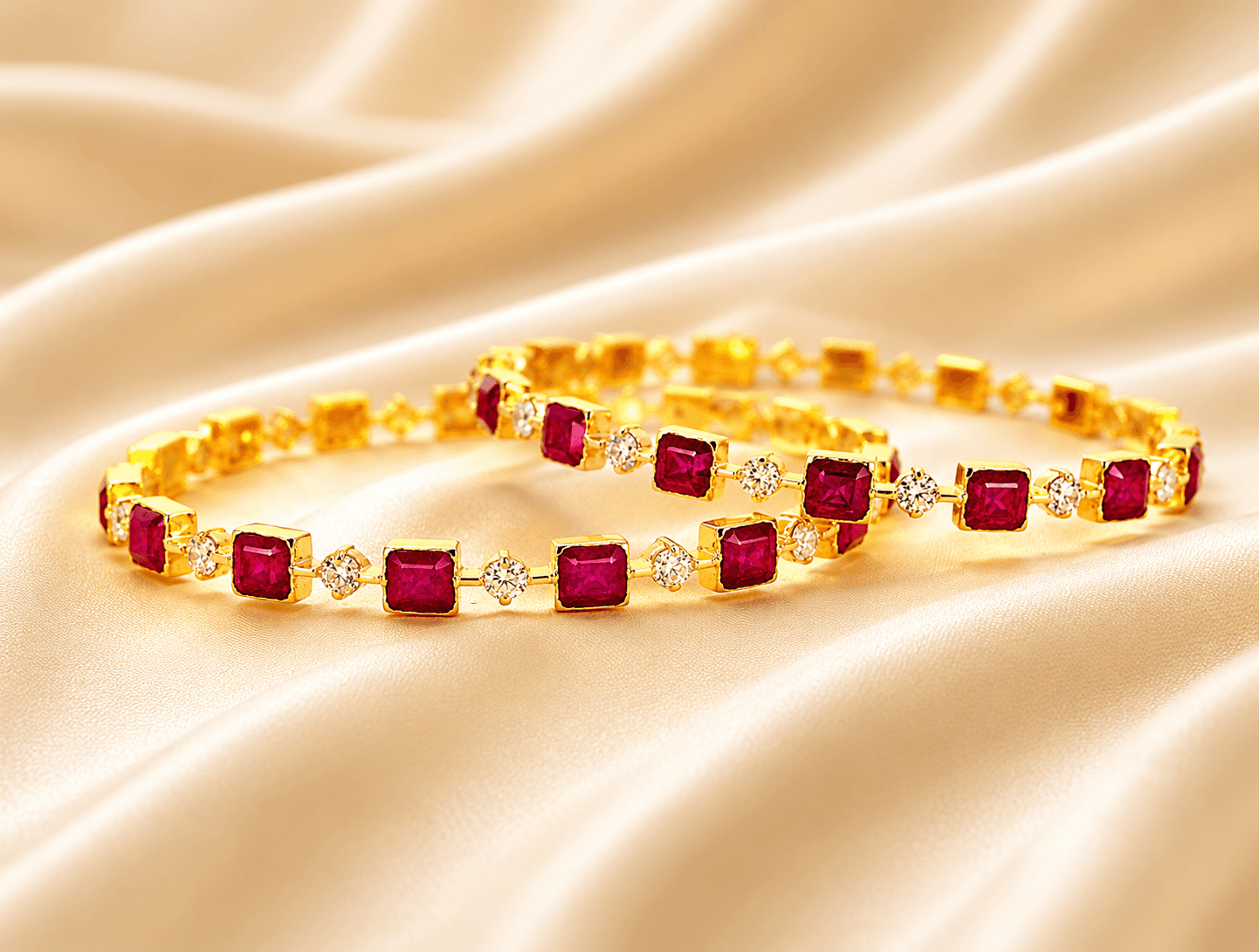 Two gold bangles adorned with square rubies and diamonds, resting on a draped satin surface.
