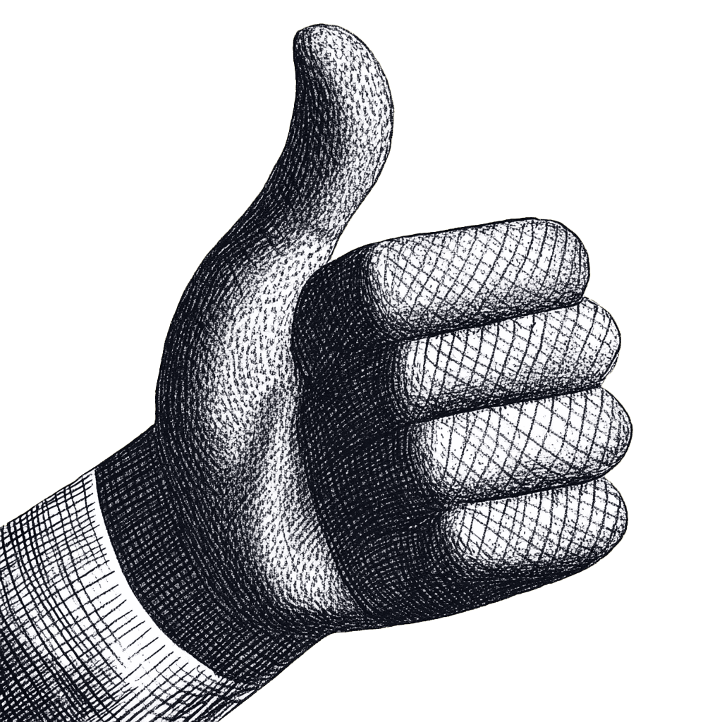 Illustration de main avec pouce levé, geste positif. Dessin en noir et blanc pour exprimer l'accord ou l'approbation.