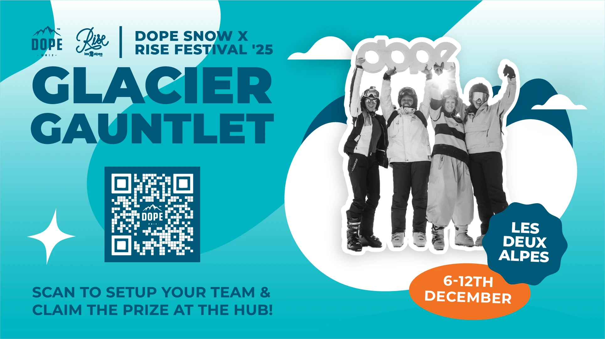 Clean, dynamic schedule announcement for Val Thorens. Features a soft pop of orange and yellow gradients with a focus on accessible, inclusive mountain progression.