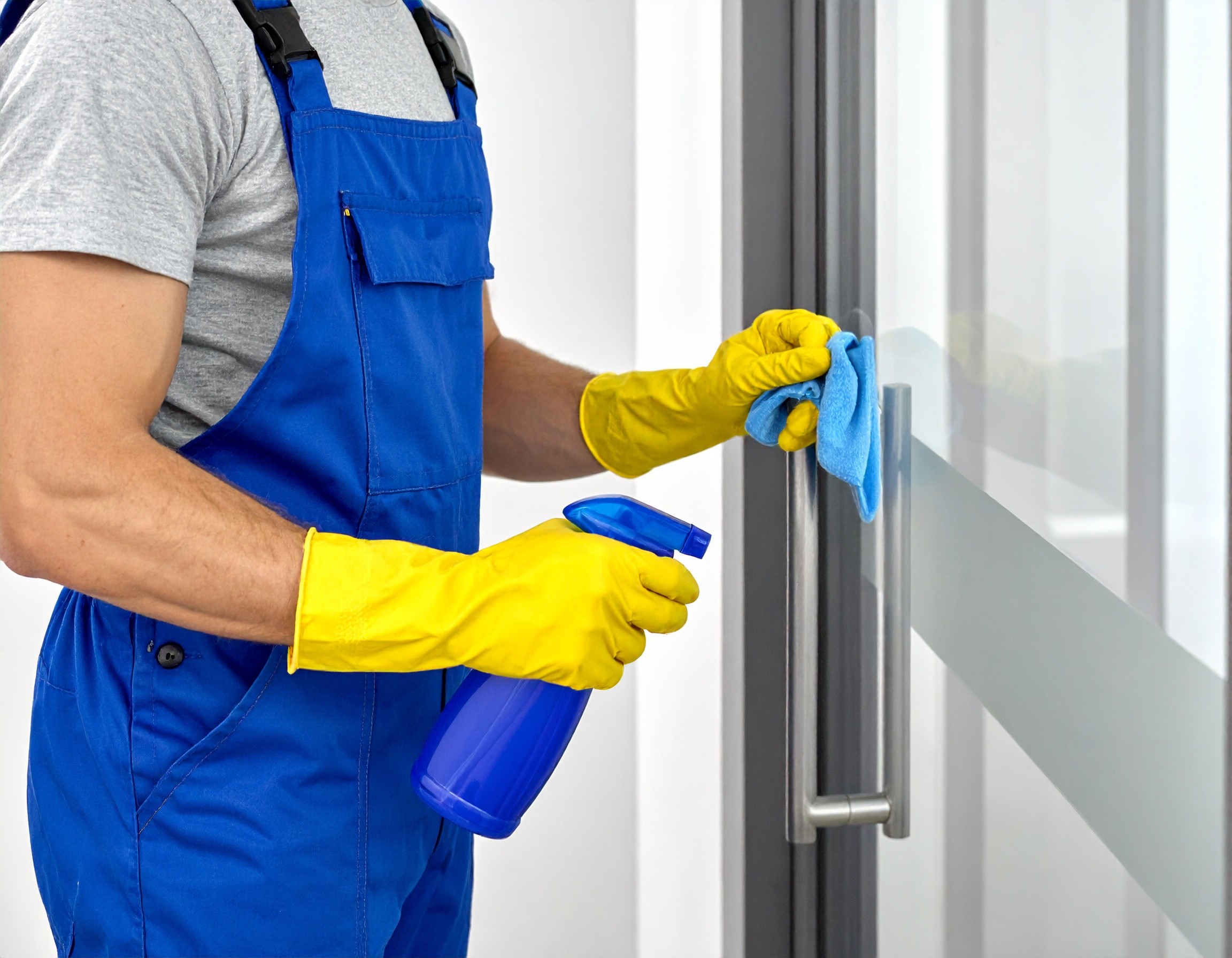 man cleaning office door