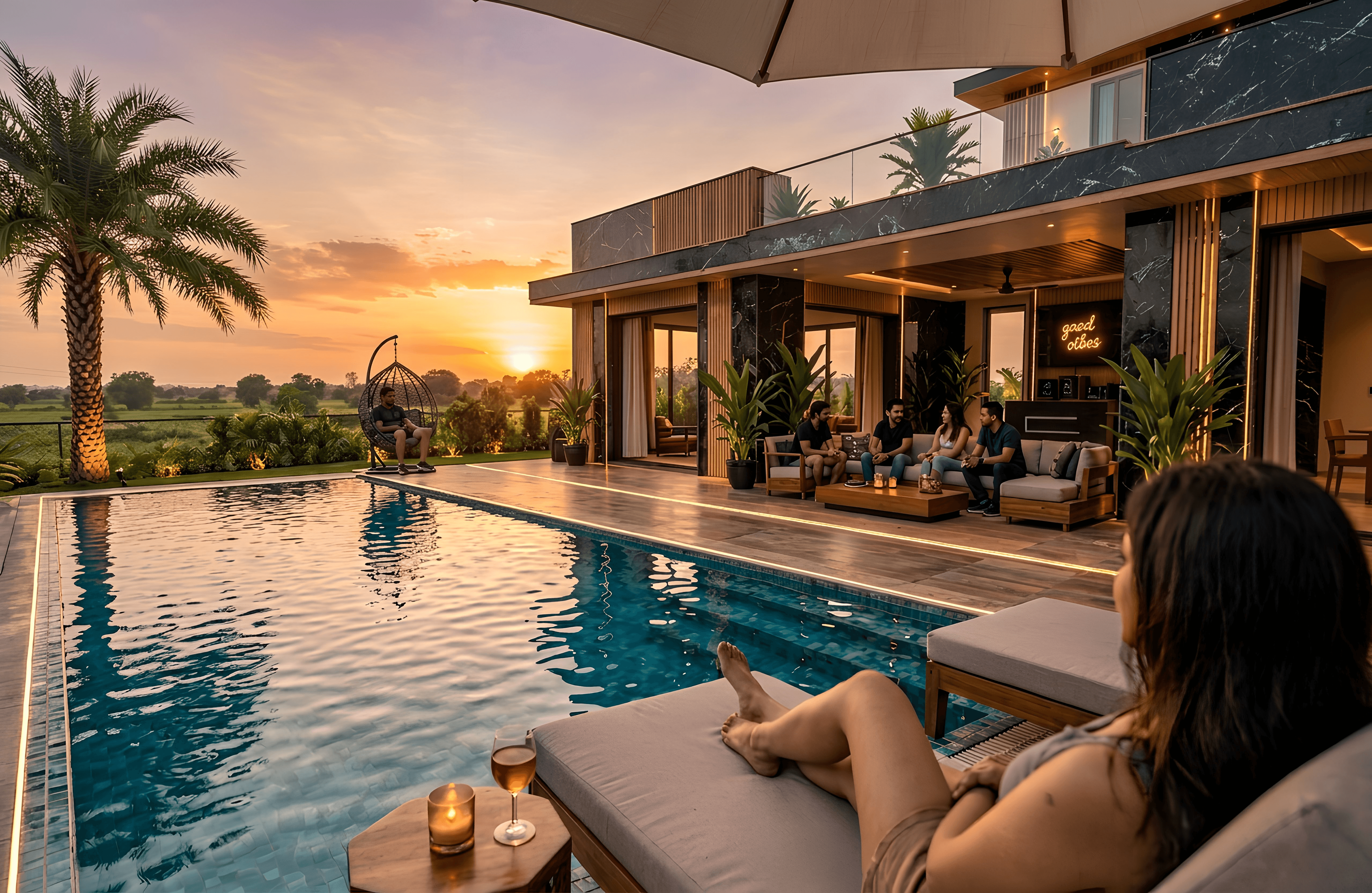 Luxury farmhouse living at Shanti Farms Jaipur, where nature, comfort, and investment unite.