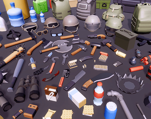 3D PROPS – CASUAL SURVIVAL by LAYERLAB (LayerLab, layerlab) – low-poly survival-themed 3D prop pack with tools, supplies, and weapons, available on LayerStore and Unity AssetStore.