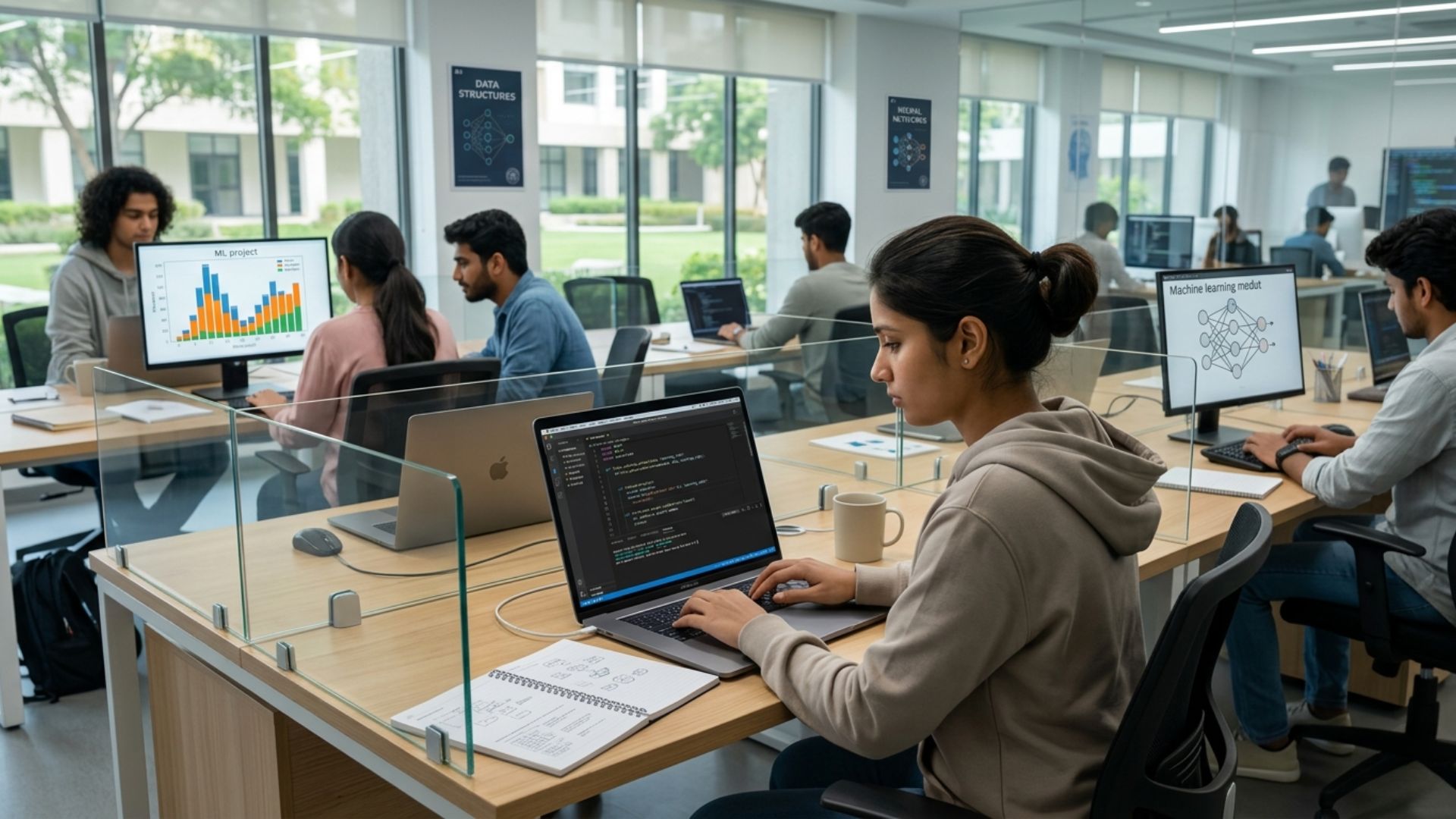 Students working on coding and AI projects in a modern lab while considering should I pursue CSE with AI coming up