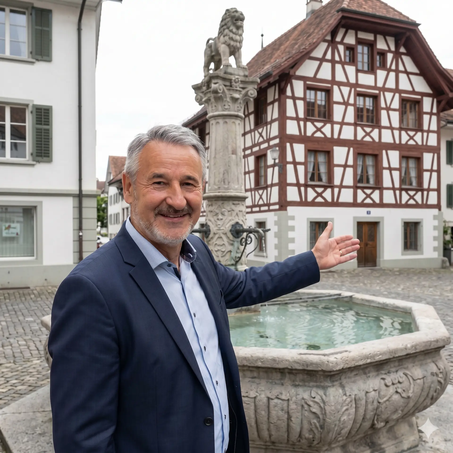Immobilienexperte Urs Witprächtiger aus der Region Sempach vor historischem Brunnen