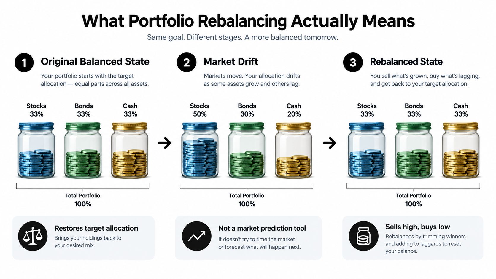 A diagram illustrating the three steps of portfolio rebalancing from original allocation to market drift and back to balance.