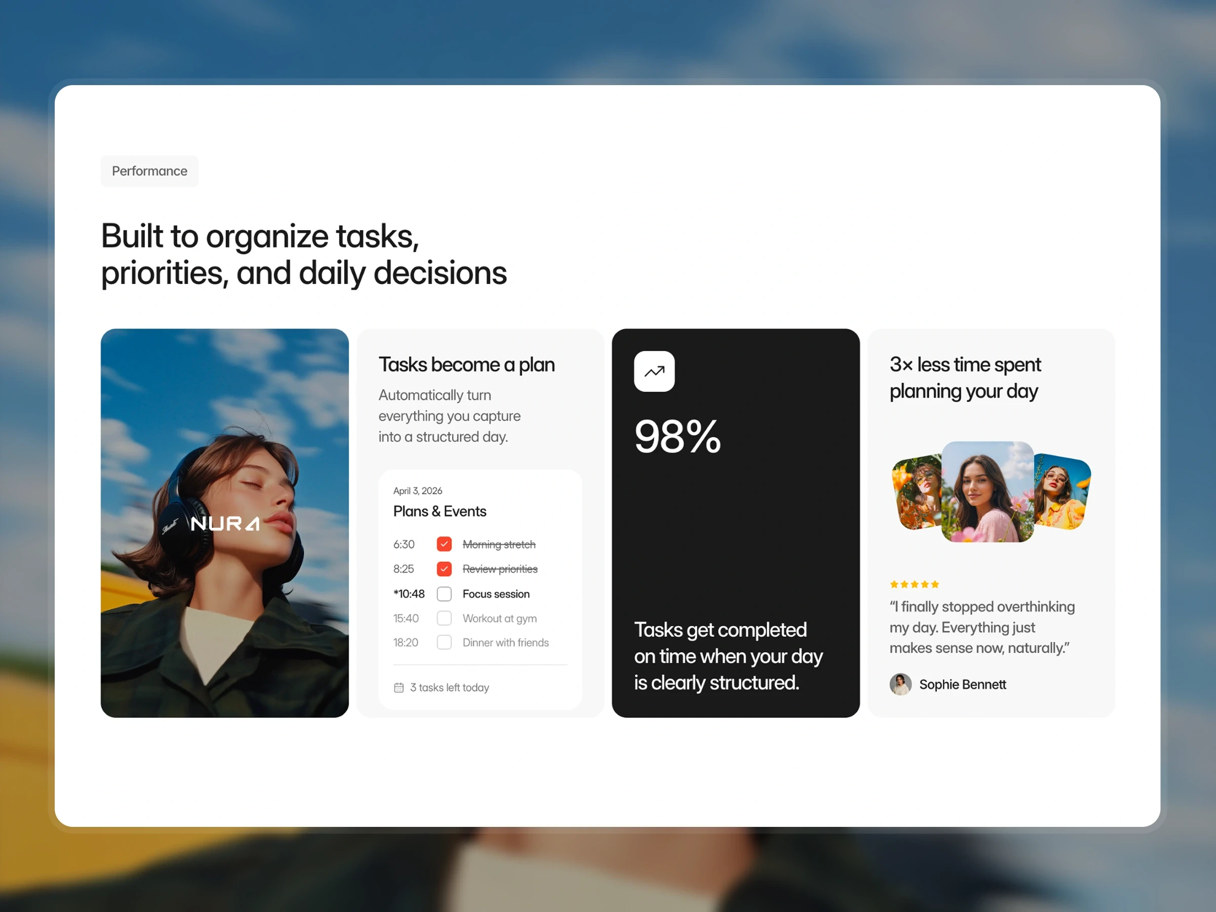 productivity app interface showing task planning, dashboard, and daily structure UI
