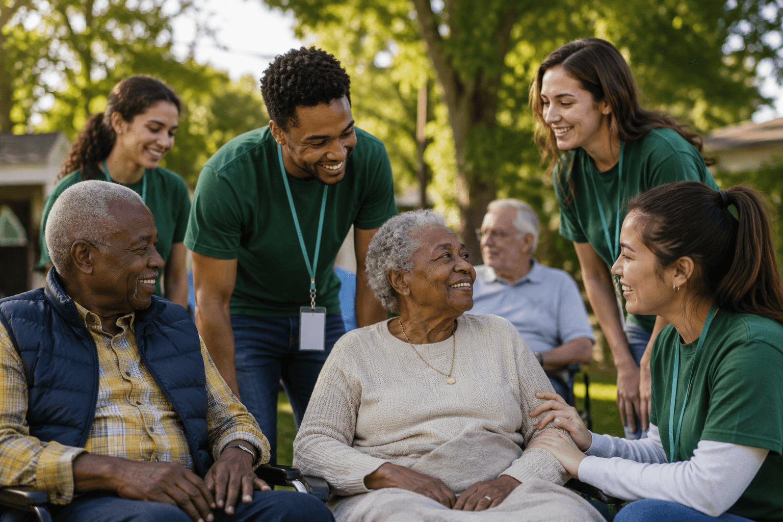 A diverse group of people laughing and smiling outdoors.