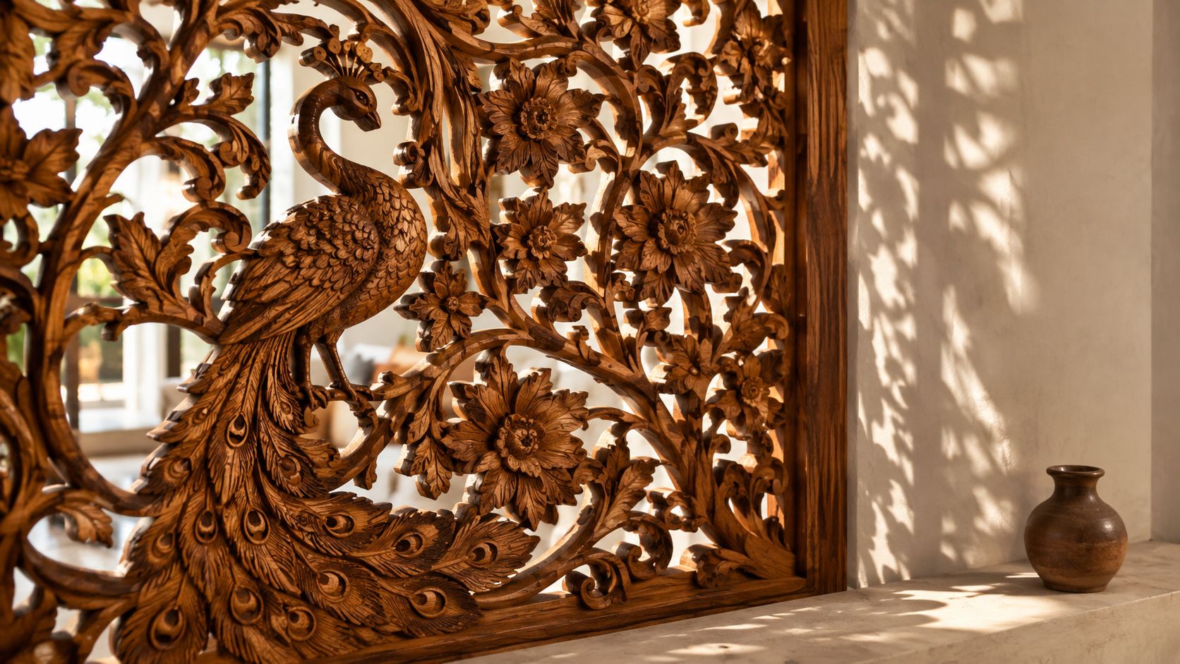 Intricately hand-carved wooden jali partition panel featuring a detailed peacock design and floral motifs in sunlight.