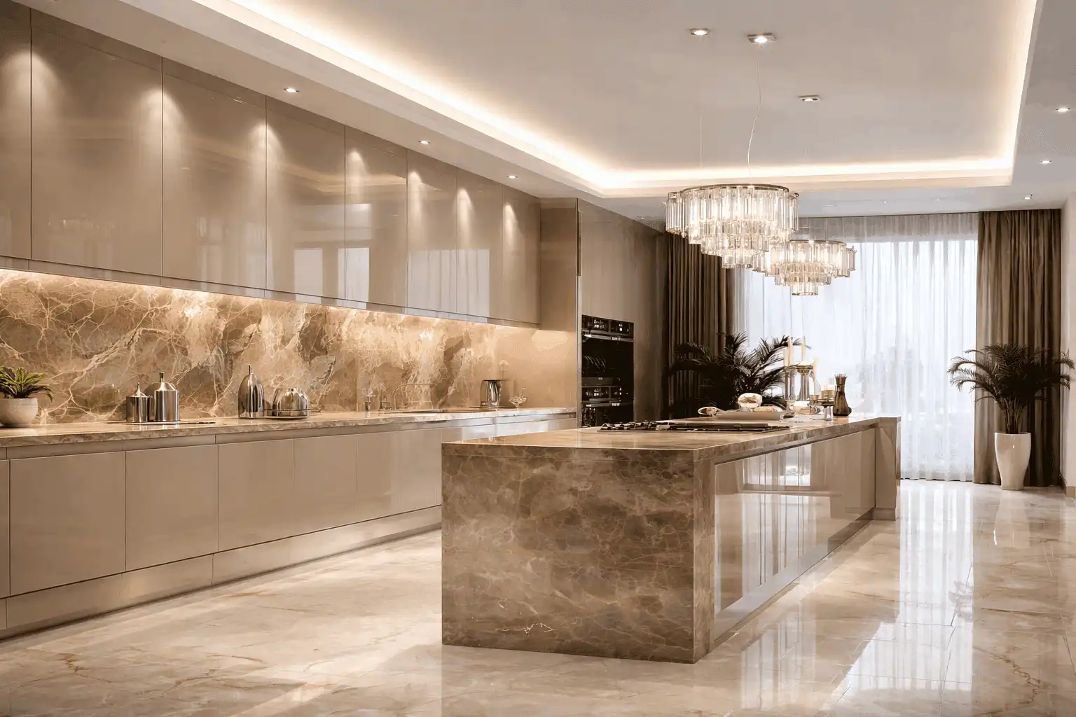 Elegant contemporary kitchen interior with marble finishes, warm lighting, and crystal chandeliers.