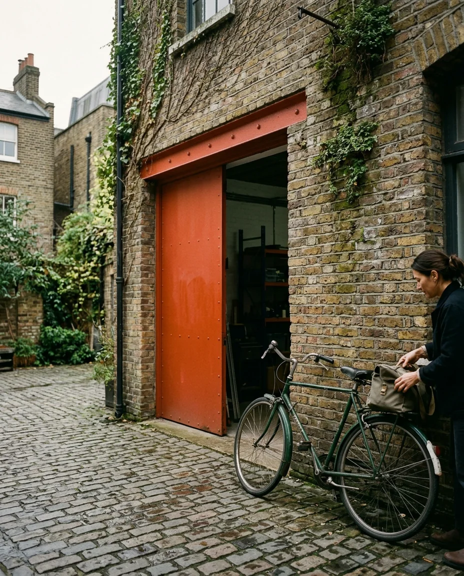 The open steel door of Coldbath Works in a cobbled Clerkenwell yard