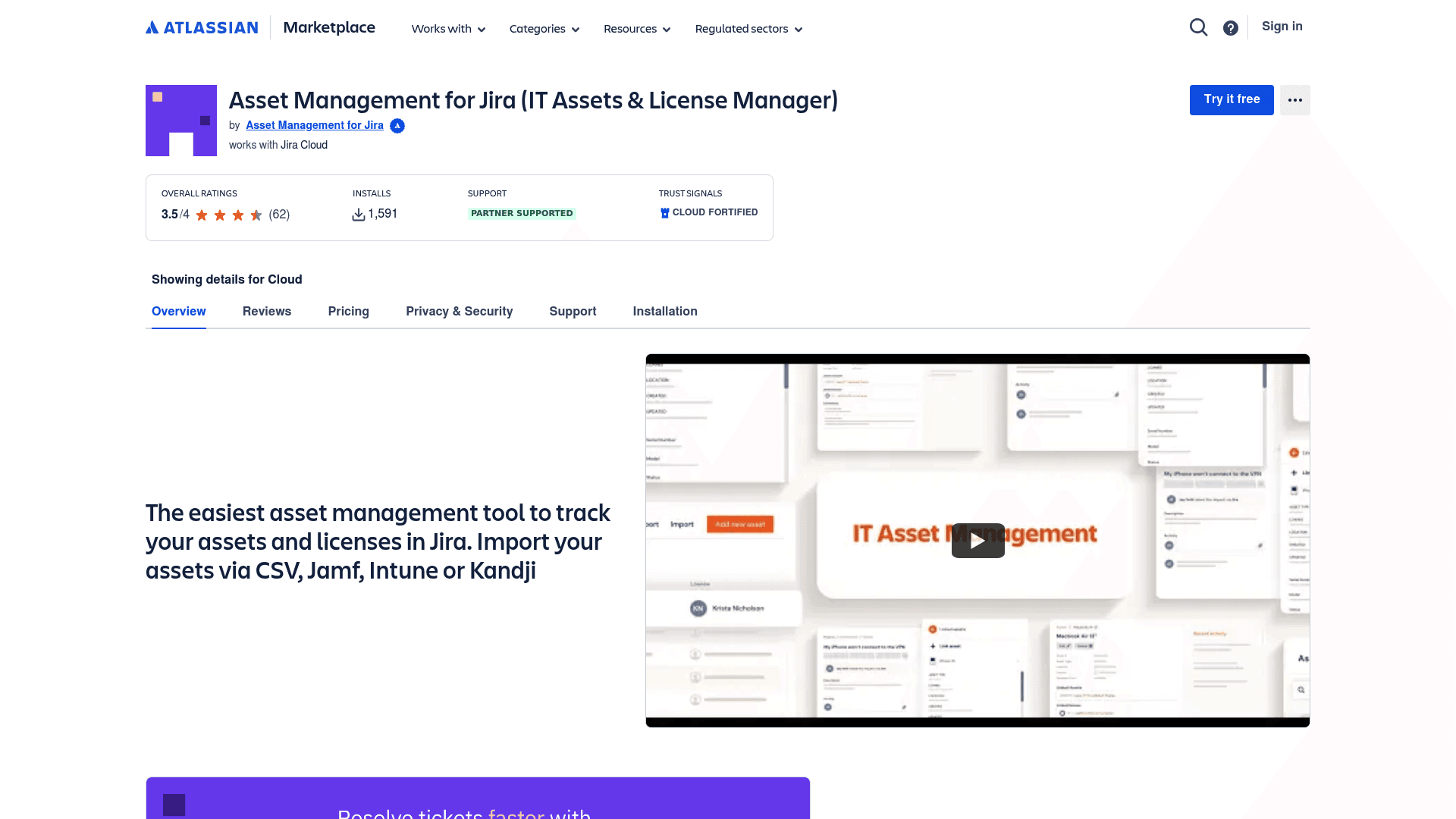 A screenshot of the Asset Management for Jira landing page on the Atlassian Marketplace.
