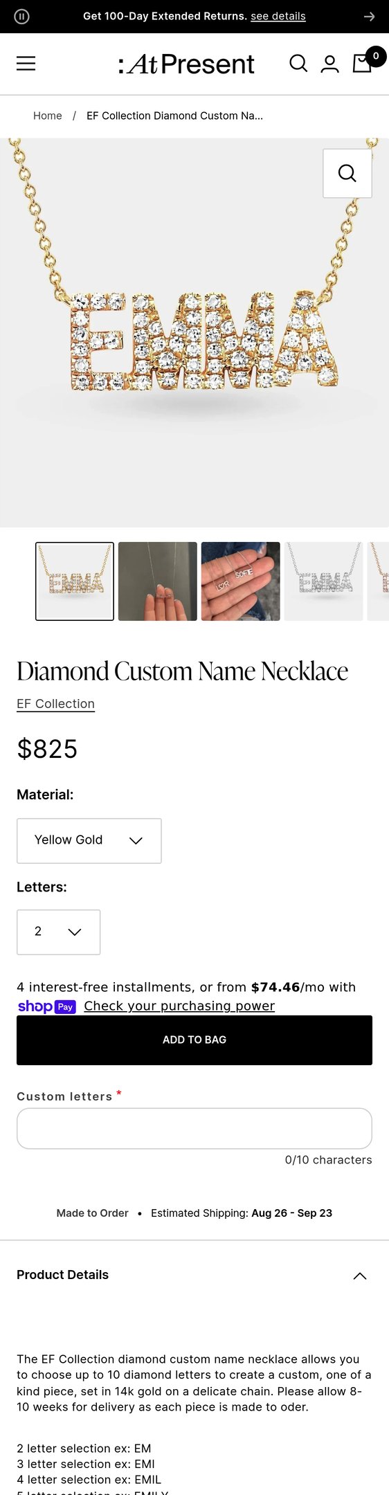 Jewelry product options include: necklace for Diamond Custom Name Necklace from At Present.