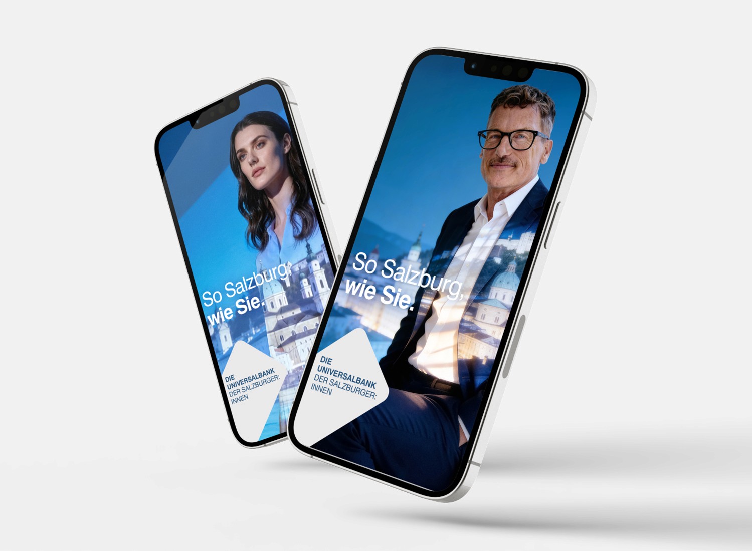 2 Mobile Mockups wo eine Frau und ein Mann zu sehen ist von der Kampagne der HYPO Salzburg.