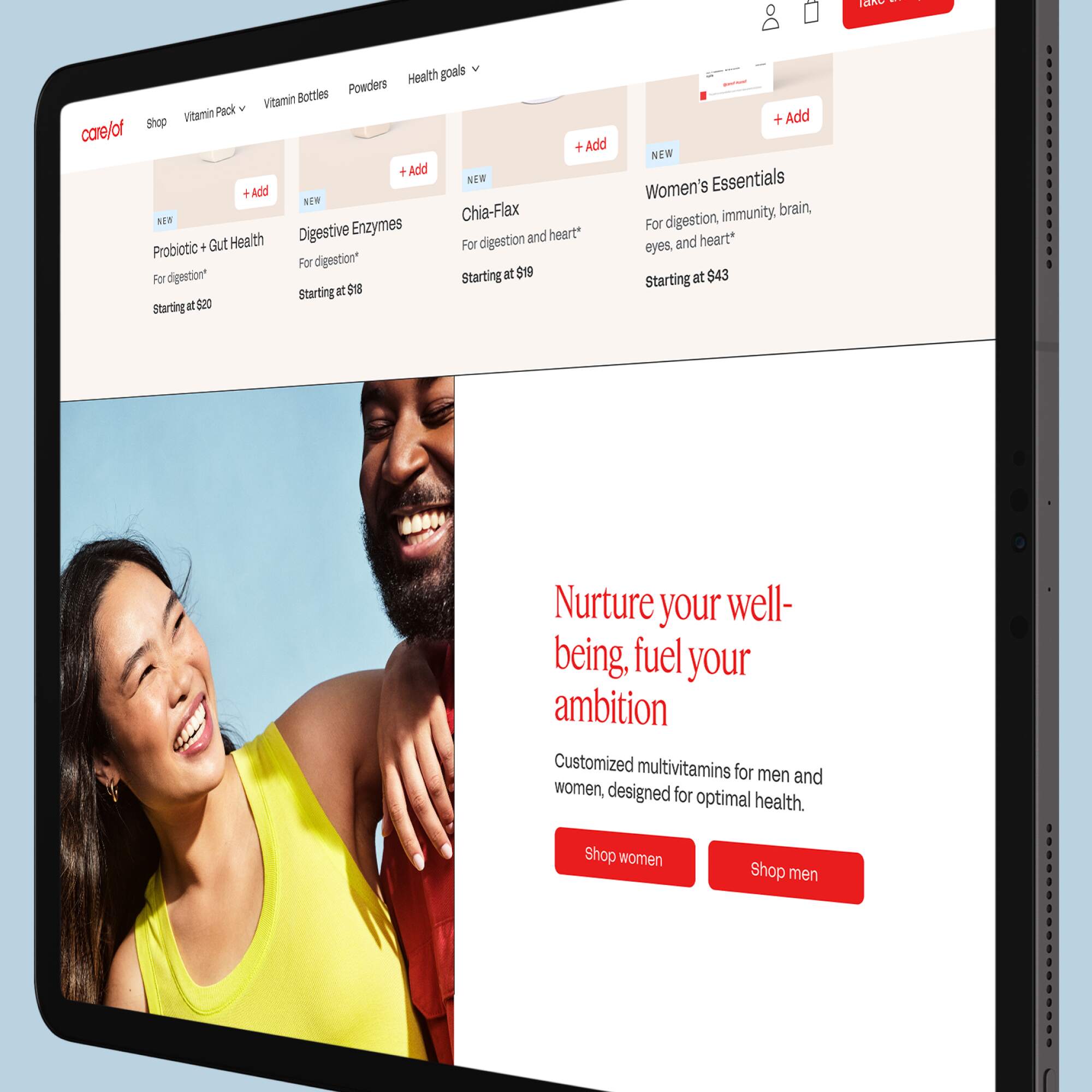 Tablet screen displaying Care/of website with product categories for probiotics, digestive enzymes, and women's essentials, along with an image of a smiling man and woman.