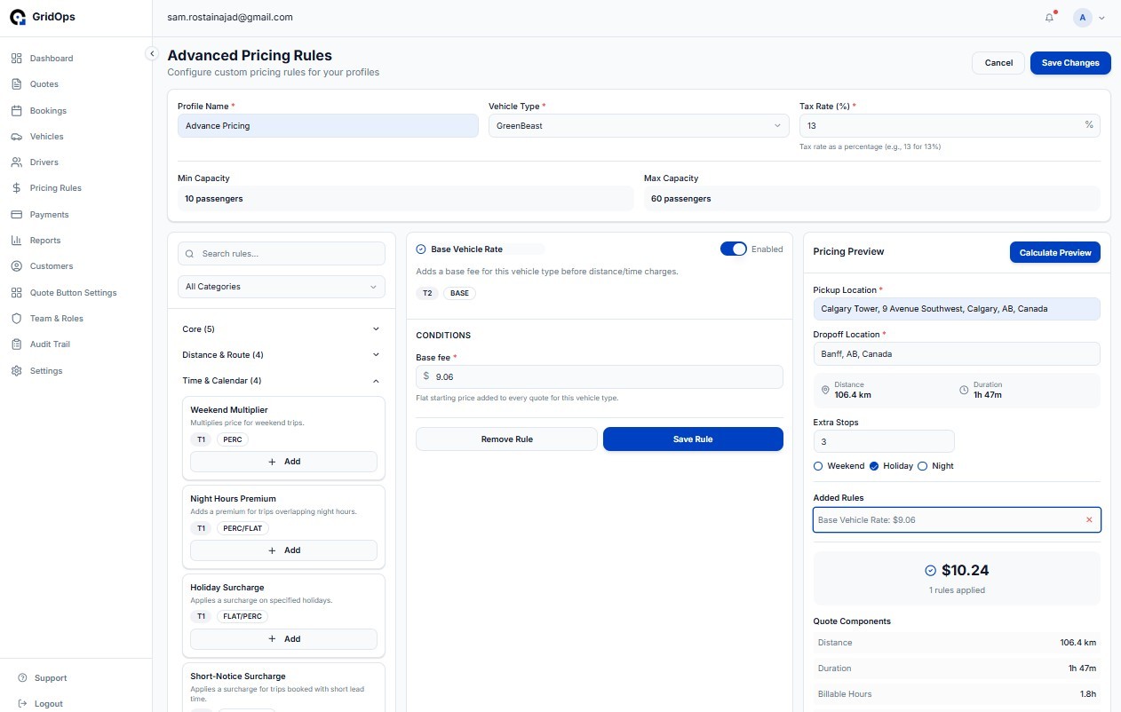 The Gridops pricing screen