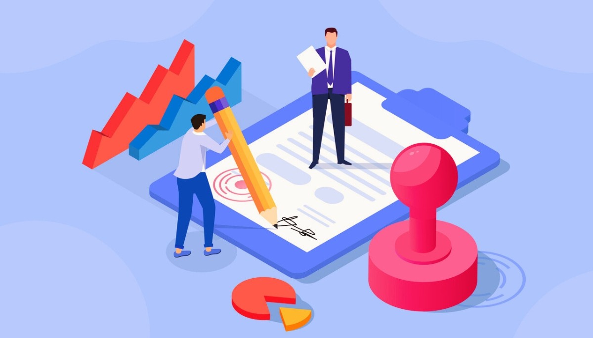 Illustration of two characters reviewing a large document on a clipboard, one signing with an oversized pencil while the other stands beside it holding papers and a briefcase, surrounded by icons like charts, a stamp, and a target.