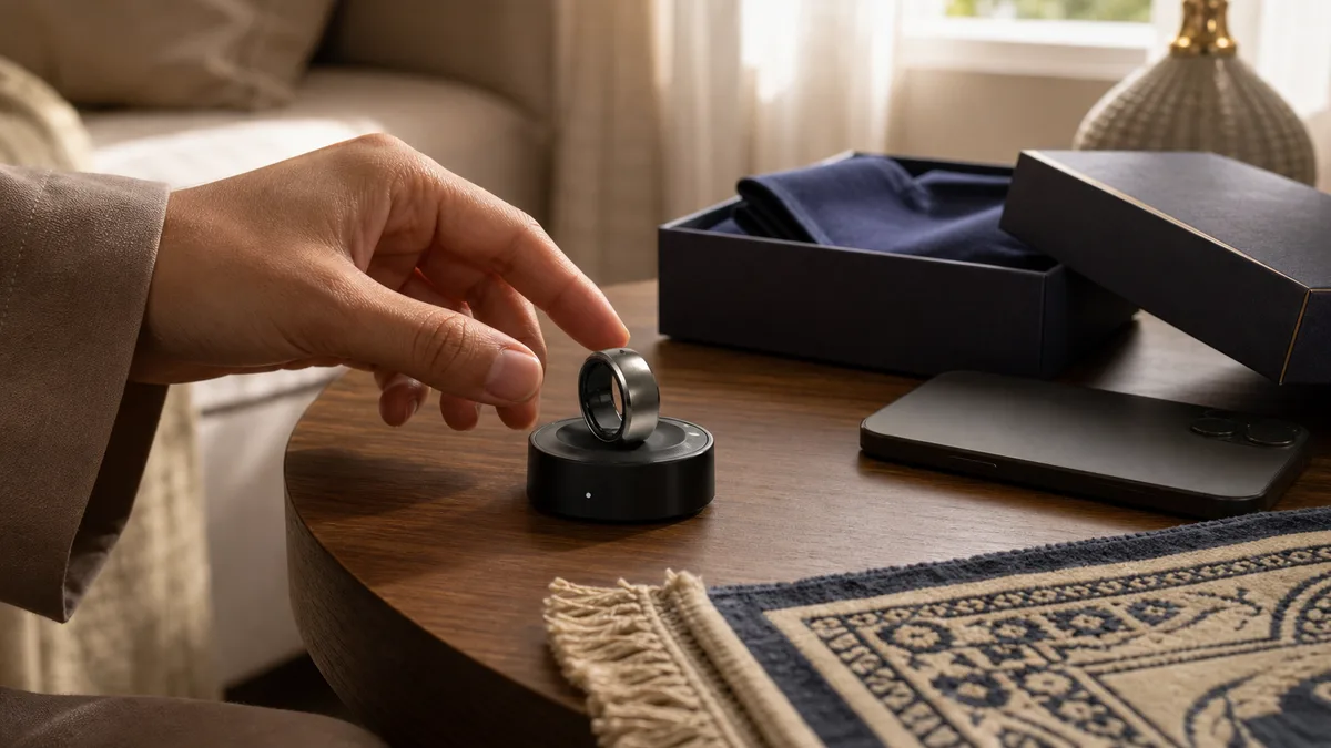 Smart dhikr ring on a charging dock beside a gift box and prayer mat