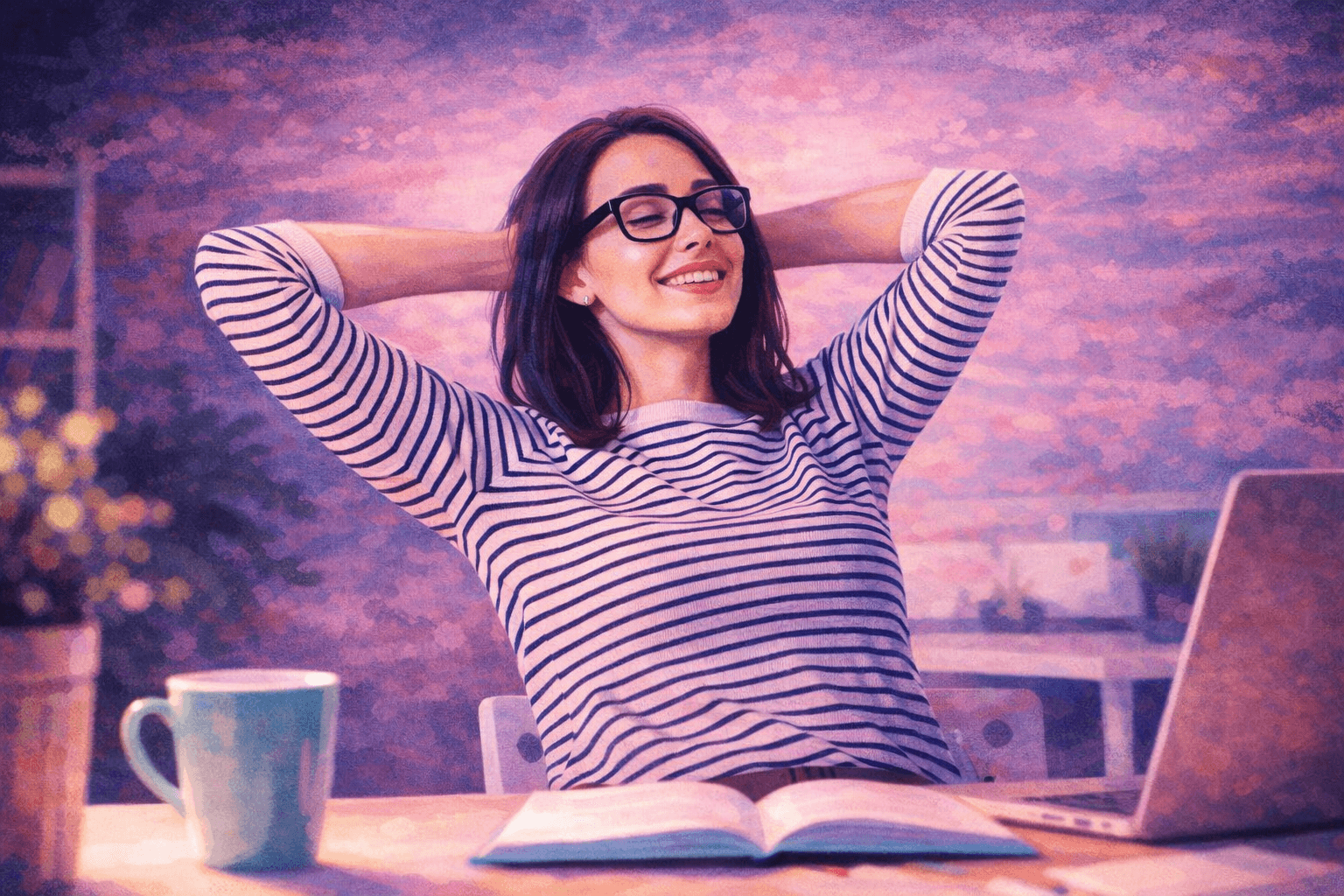 Happy woman on working desk
