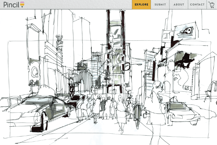 A black and white sketch of a city street scene, rendered in a loose, expressive style using pen and ink. The drawing features tall buildings, parked cars, and numerous pedestrians walking along the street. A large “Q” is visible on a building on the left side. The word “PINCIL” is printed in the top left corner.