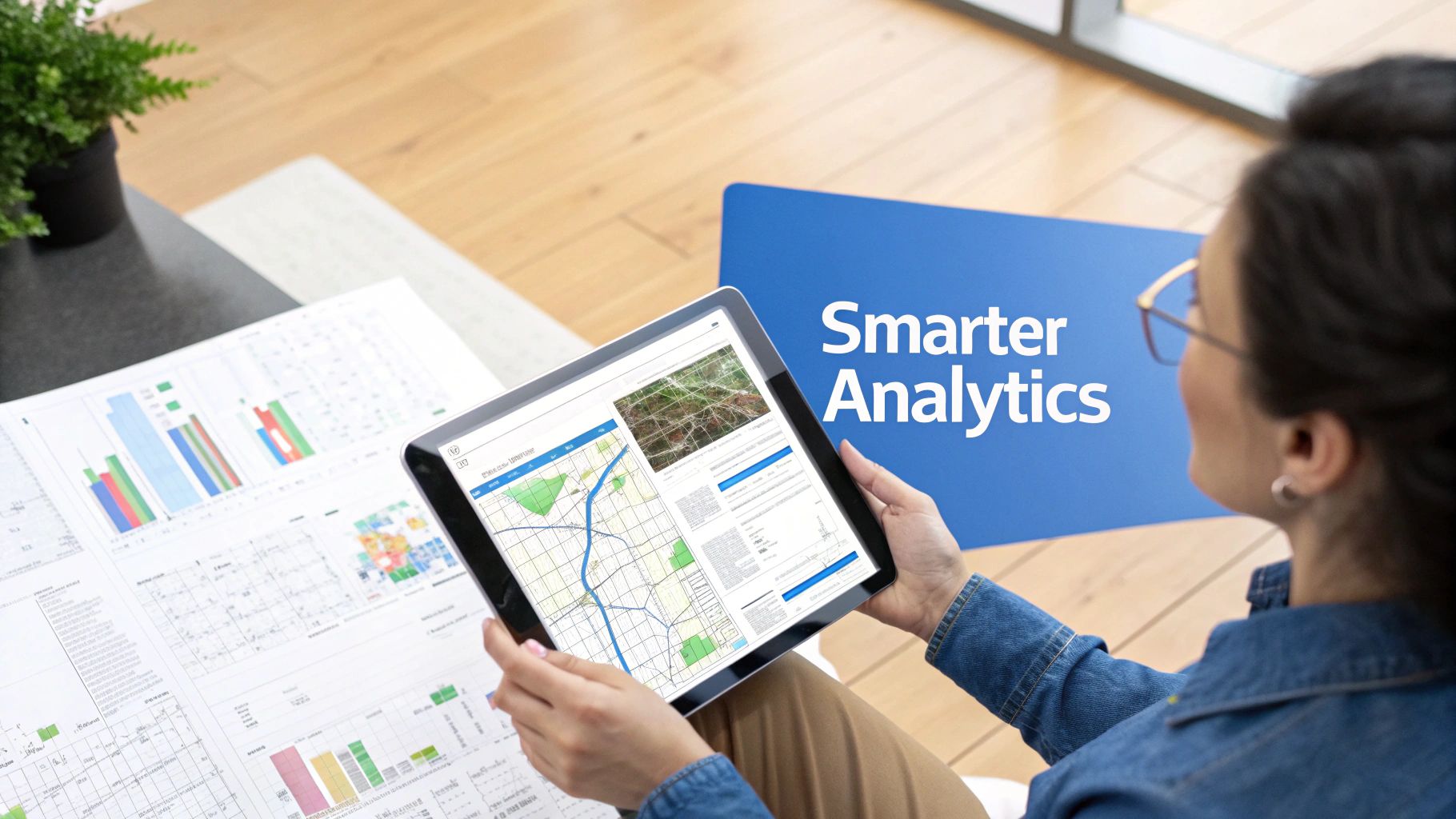 Professional analyzing geographic data and charts on tablet with smarter analytics display