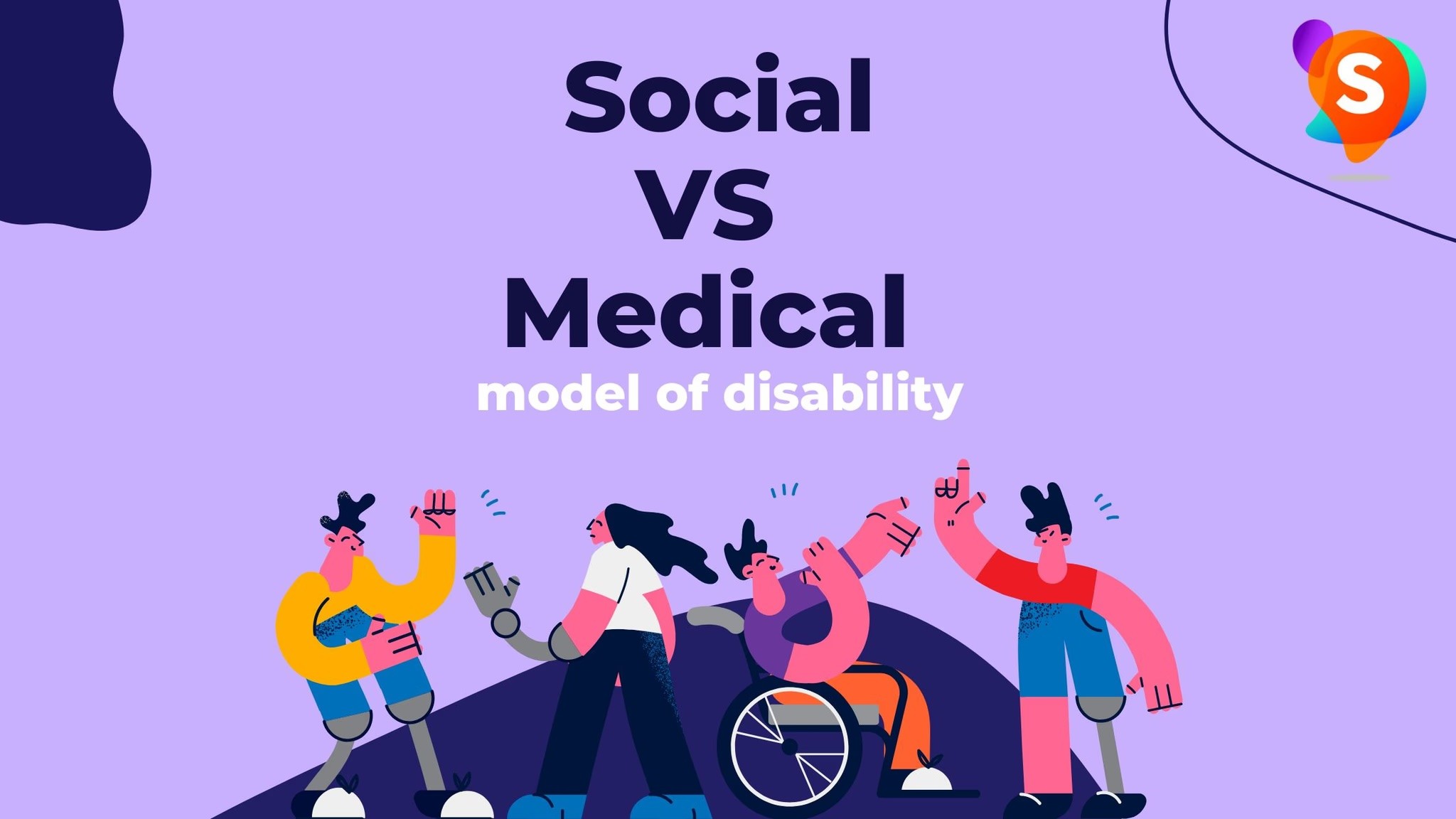 Purple graphic, with images of various different disabled people. Text reads - Medical vs social model.