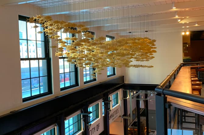 A close up of the hanging mobiles