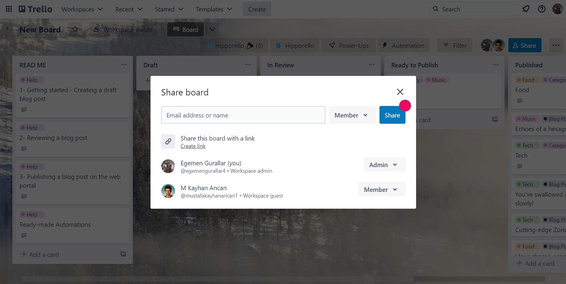 Trello board member management tab