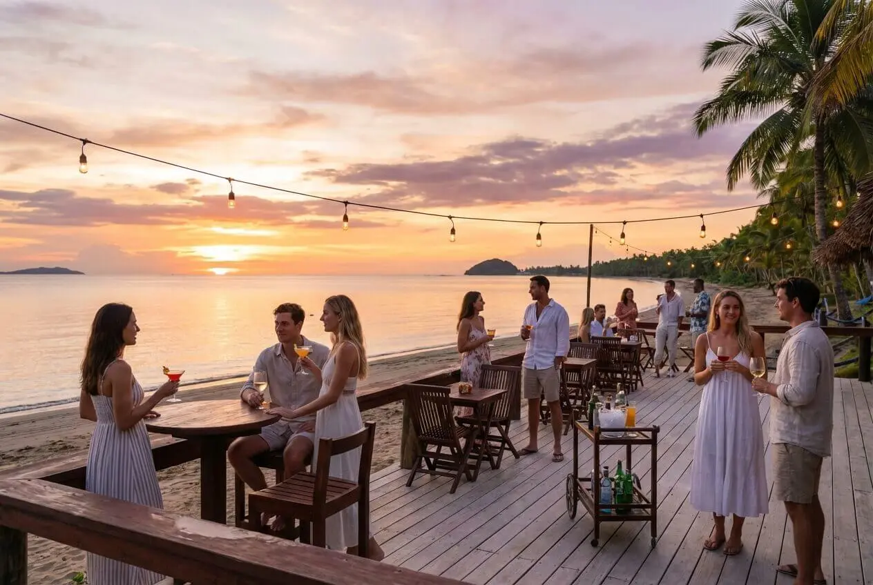 People enjoying cocktails on the deck of the beachside bar iat Uprising Resort Fiji