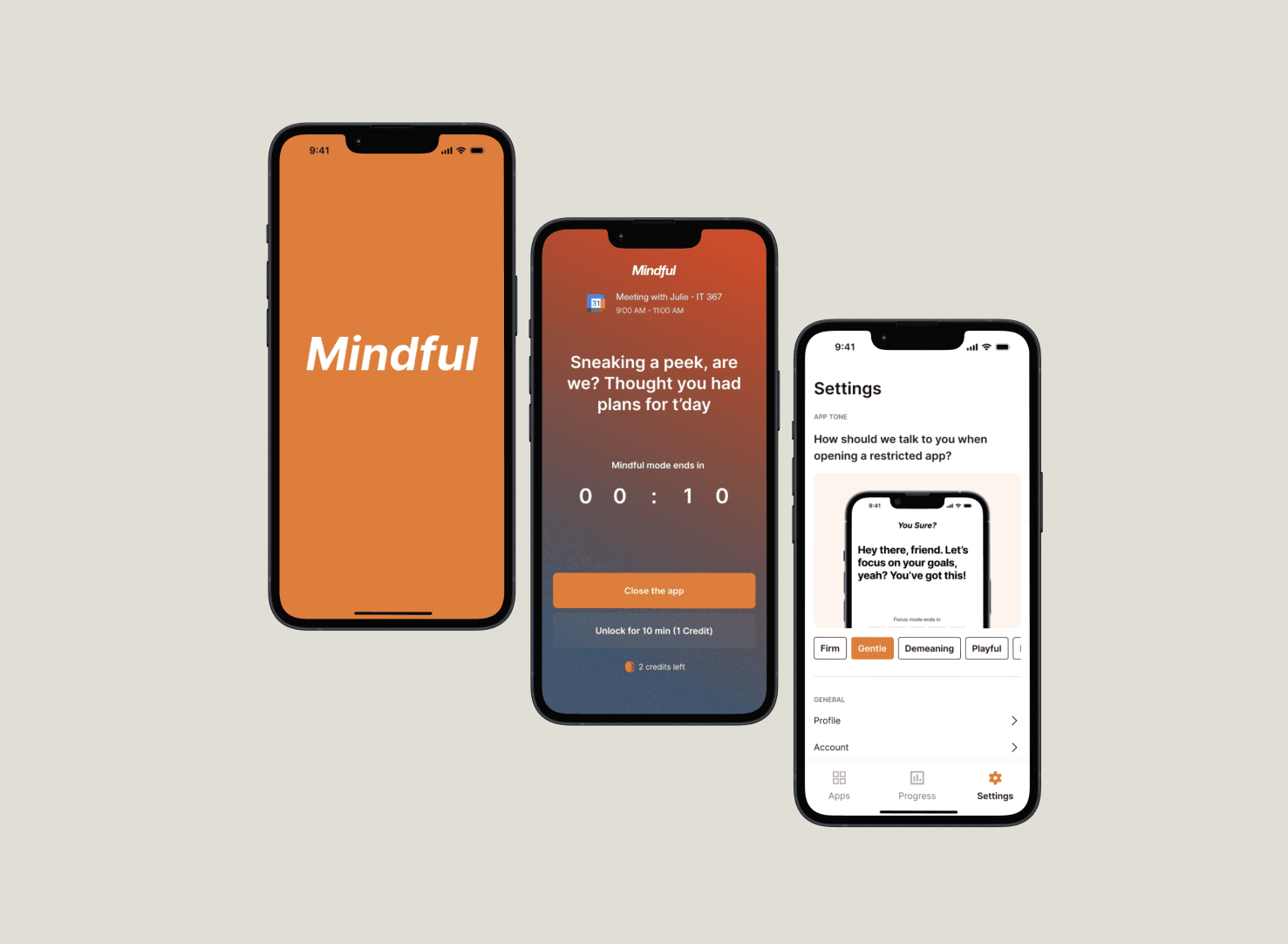 Mindful app screens showing the scheduling interface
