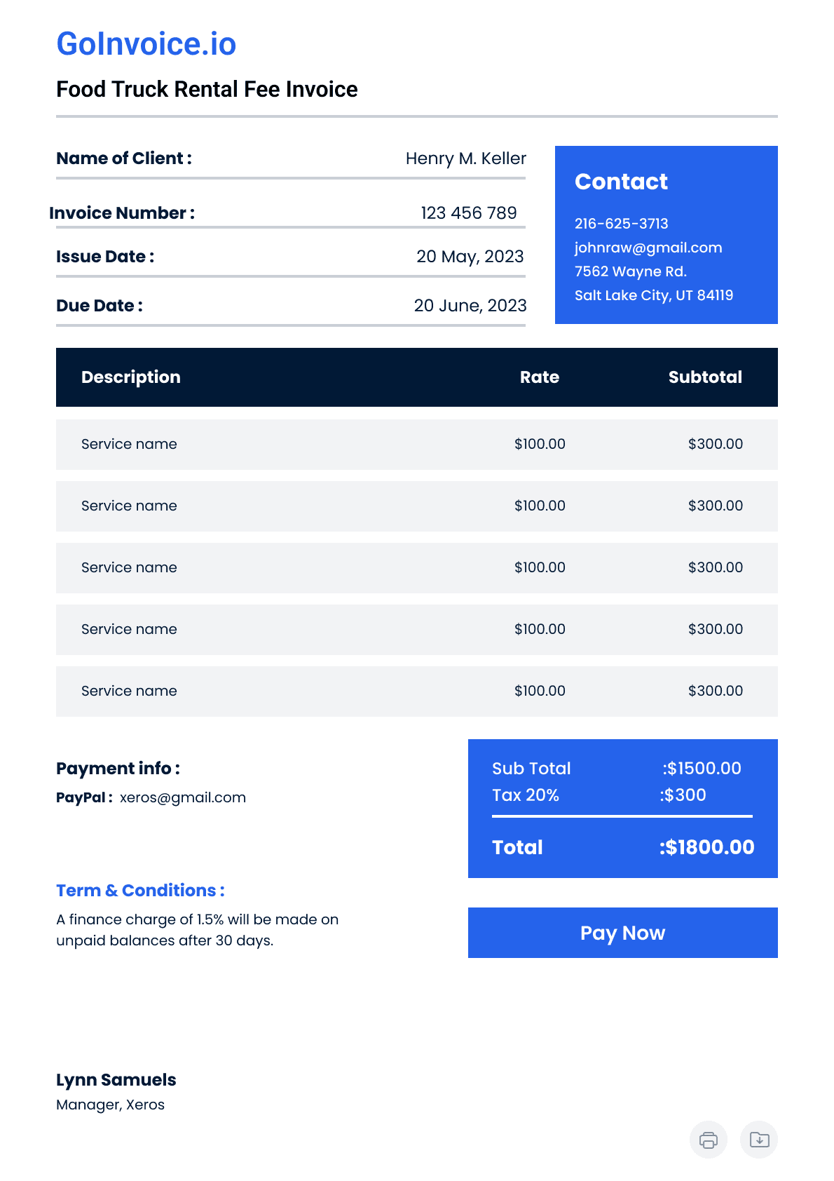 Food Truck Rental Fee Invoice