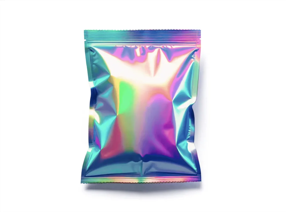 A holographic foil pouch mockup with a glossy, iridescent finish displayed against a white background. The reflective surface highlights vibrant rainbow hues, ideal for showcasing modern packaging designs.