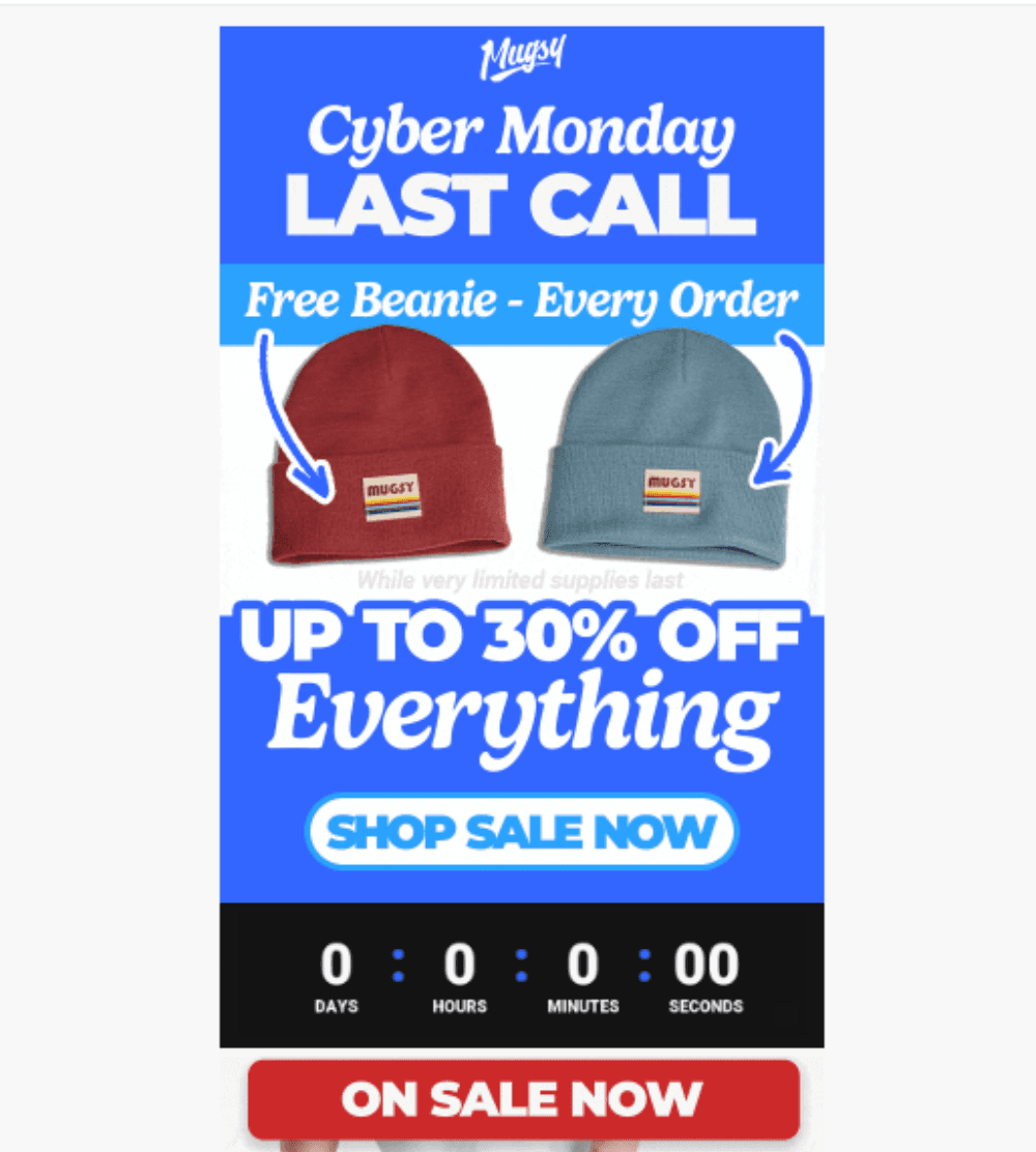 Cyber Monday promotional banner featuring a countdown timer, free beanie with every order, and up to 30% off everything with a bold 'Shop Sale Now' button