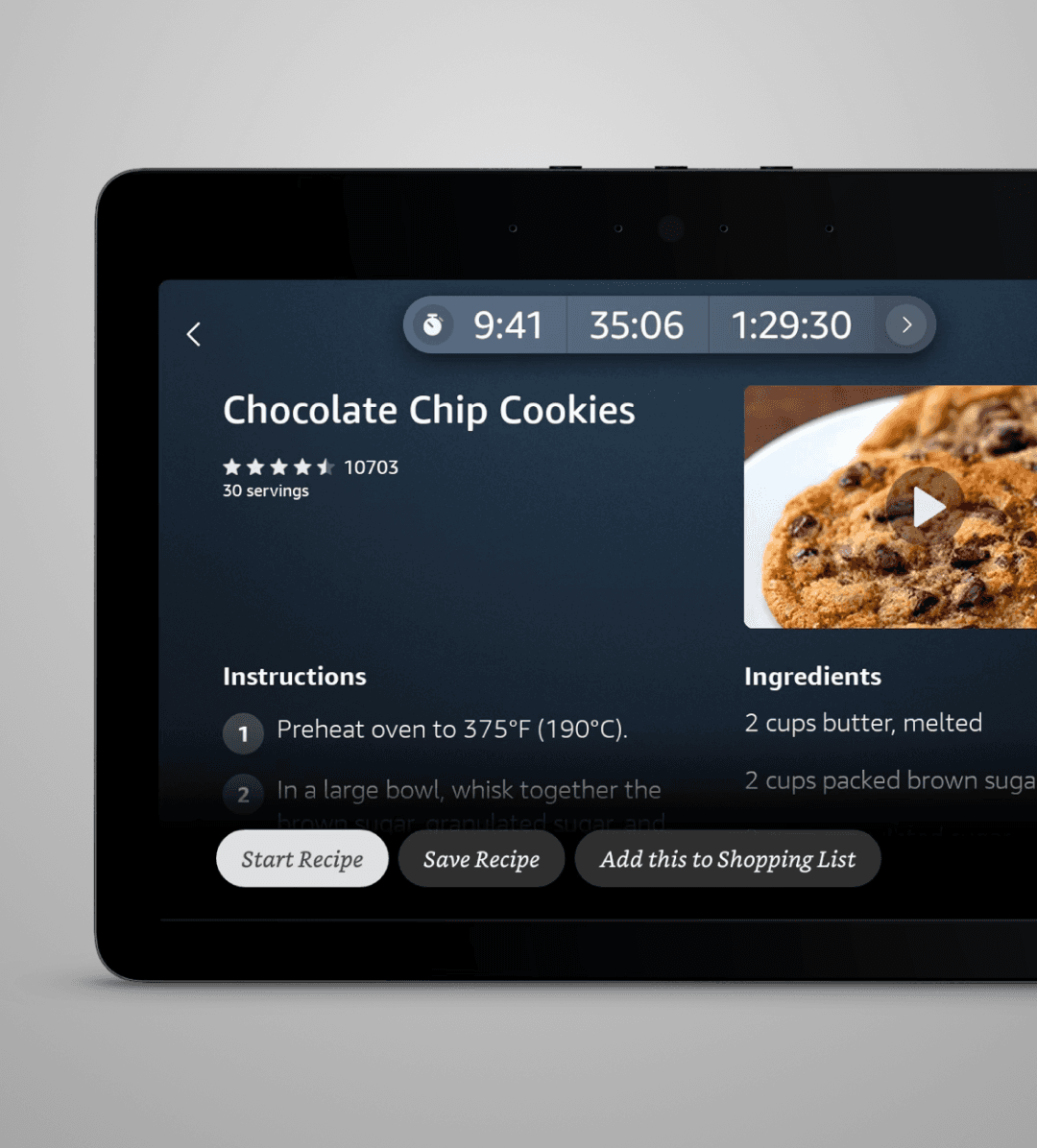 An Amazon Echo Show device displaying a chocolate chip cookie recipe with three active timers shown in a widget at the top of the screen.