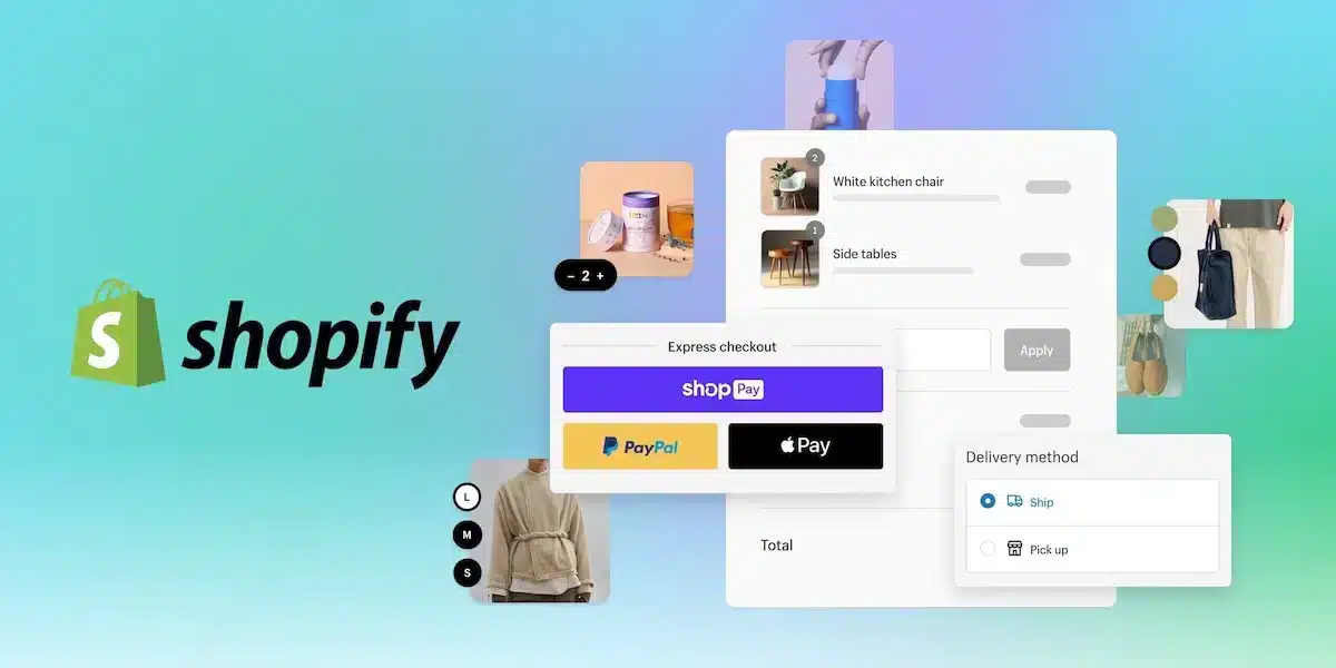 Shopify-Logo neben einem Checkout mit Shop Pay, PayPal und Apple Pay als Express-Optionen und Versandarten