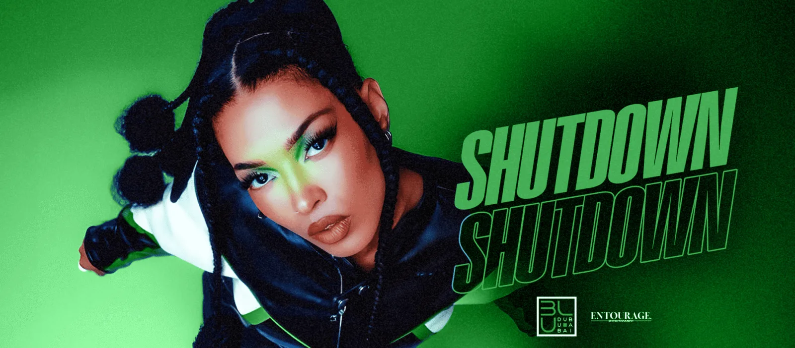 Shutdown poster for BLU Dubai on Thursday 15 October, with green neon Shutdown lettering