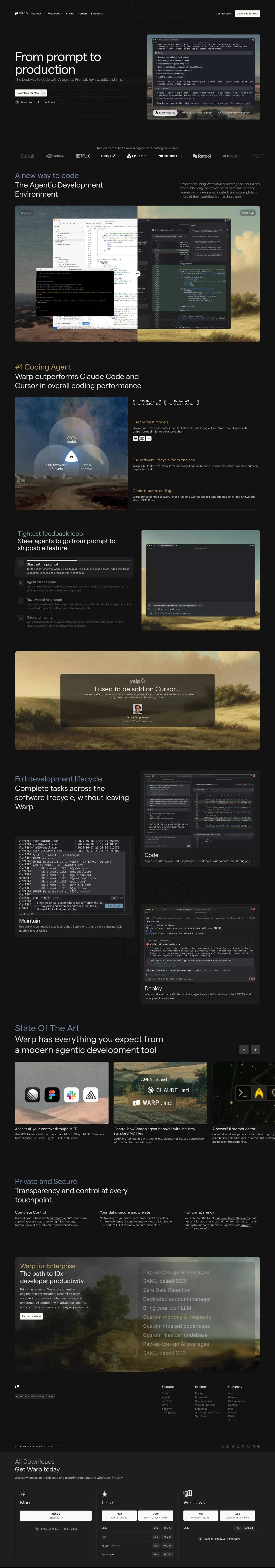 Warp: The Agentic Development Environmen landing page screenshot showcasing AI and Tech design