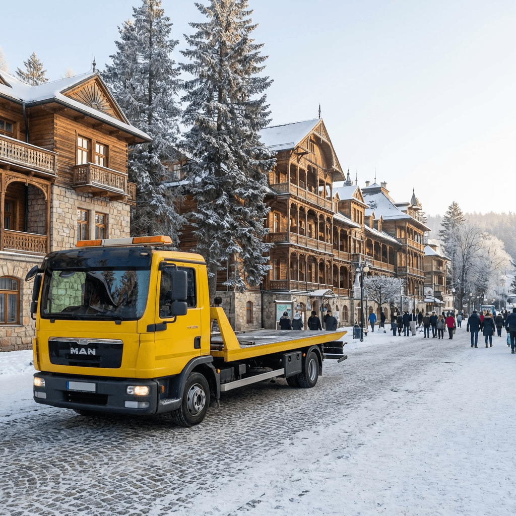 droga DK75 do Krynicy-Zdroju zimą z widokiem na góry