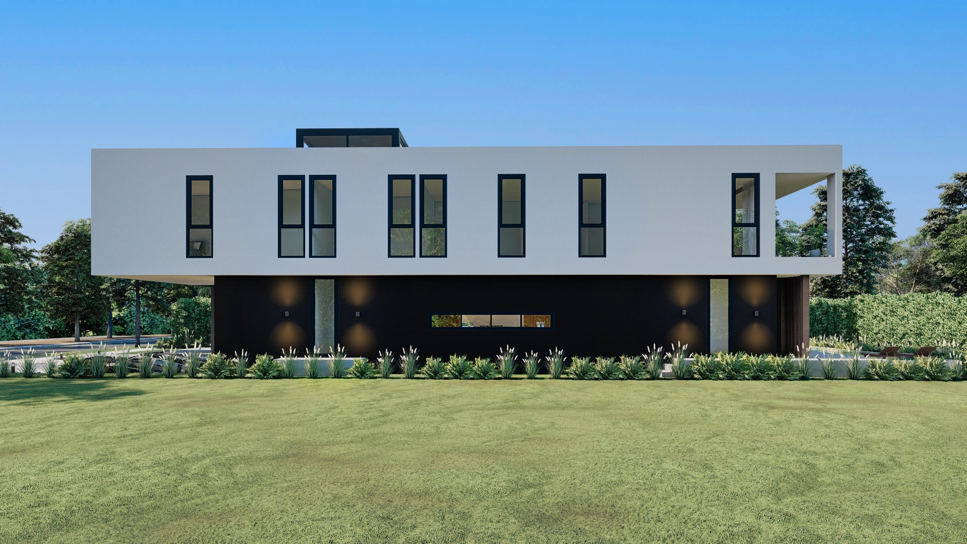 Side exterior of three-story modern residence with large lawn, Miami Florida