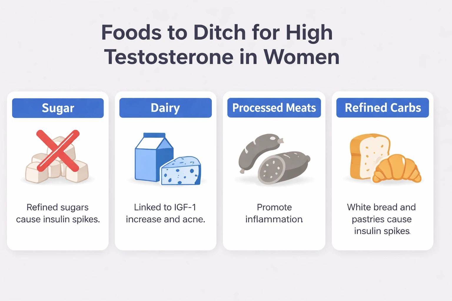 Four modern minimalist cards on a light gray background showing foods to avoid for managing high testosterone in women, each with a blue accent header and relevant icons.