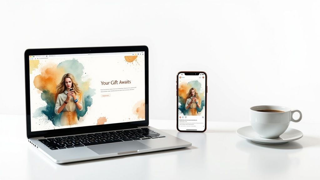 A laptop and smartphone displaying a digital illustration of a woman, with a coffee cup beside them.