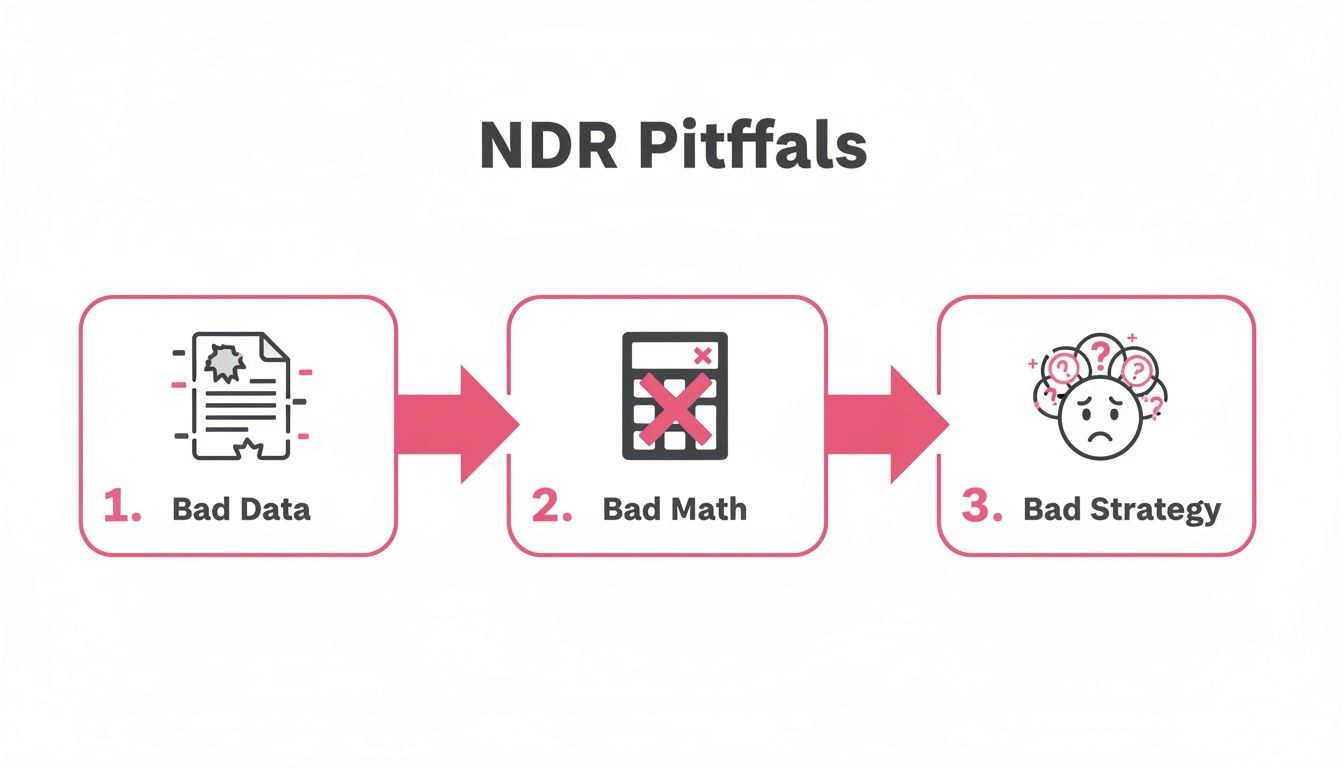 Infographic showing NDR pitfalls: bad data, bad math, and bad strategy with corresponding icons.