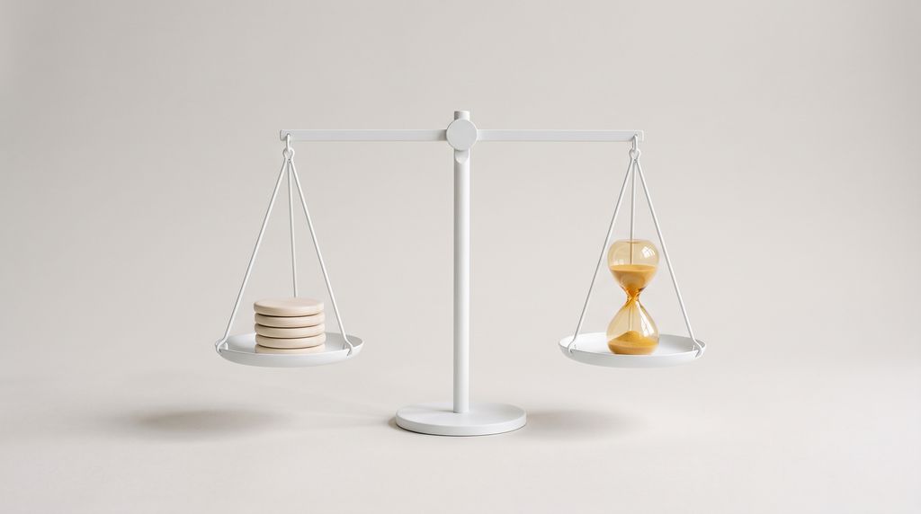 Weiße Waage mit Scheibenstapel und amberfarbener Sanduhr, Symbolbild für die Kosten von KI-Automatisierung