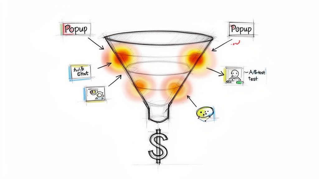 Illustration of a marketing funnel with glowing hot spots, showing popups, A/B tests, and chat generating revenue.