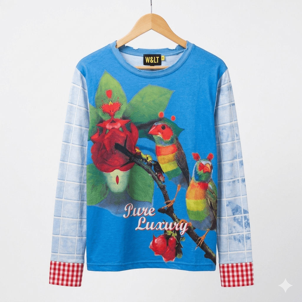 A colorful avant garde long sleeve t-shirt hanging on a hanger, white background, studio light.