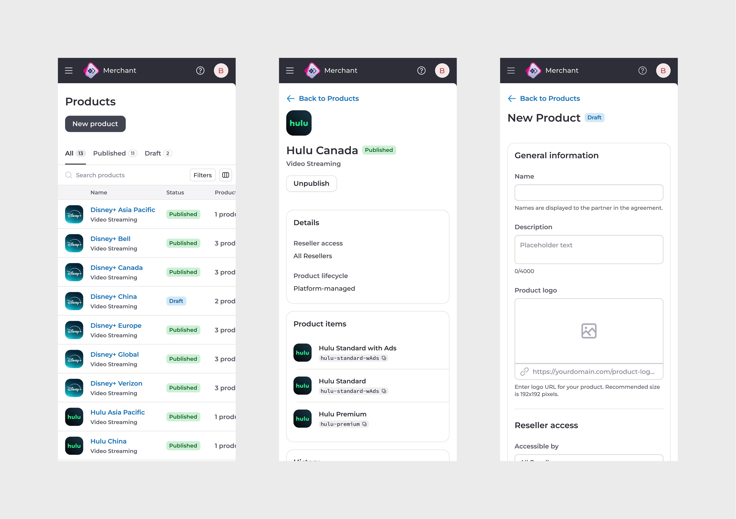 Products, Product Details, and New Product mobile screens.
