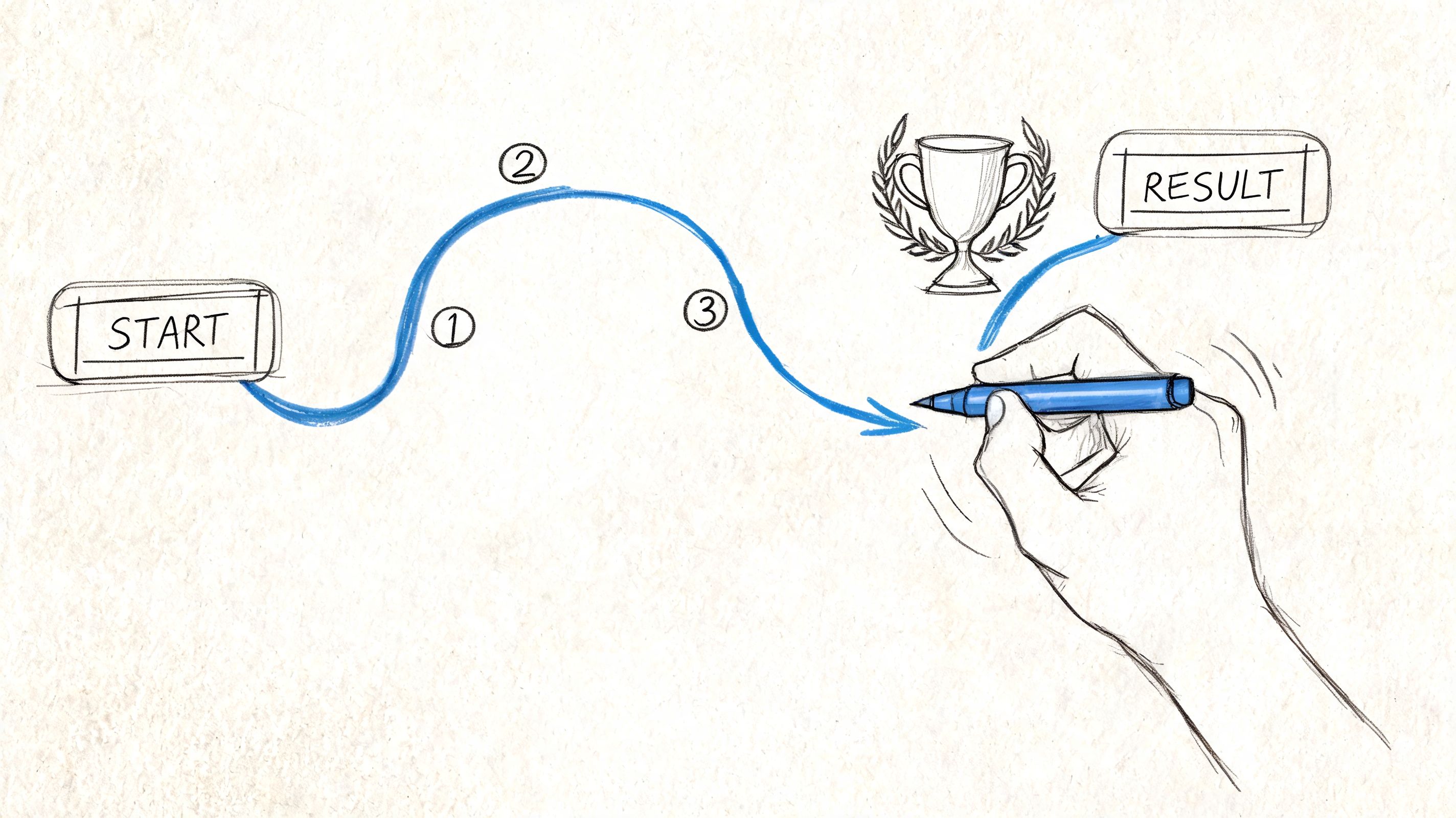 A hand-drawn illustration showing a process path from start to finish marked with numbered steps.