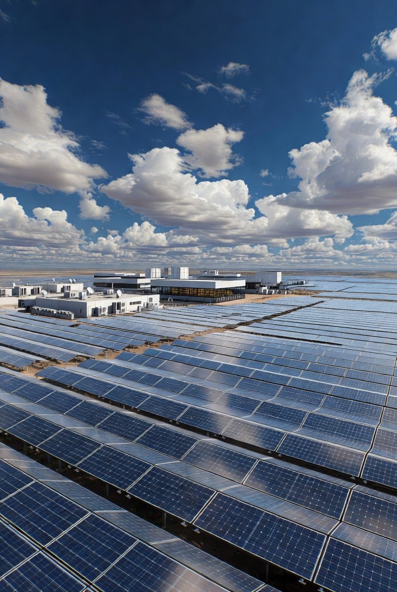 Grain silos and storage facility with surrounding trucks and farmland