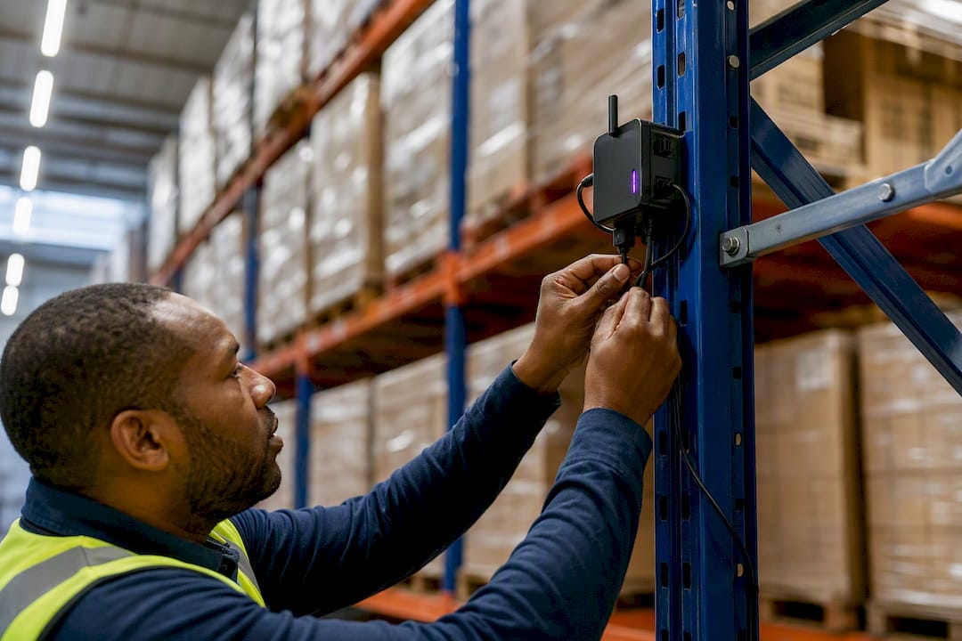 Technician wiring AI sensor in warehouse